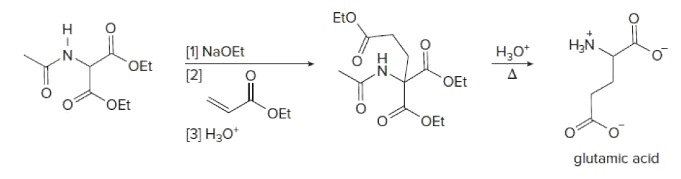 EtO
НN
[1] NaOEt
[2]
Н.о
OEt
OEt
OEt
OEt
OEt
[3] H3O*
glutamic acid
