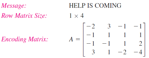 Message:
HELP IS COMING
Row Matrix Size:
1 x 4
3 -1
1
1
1
-1
Encoding Matrix:
1
1
1
2
3 1
-2
-4
