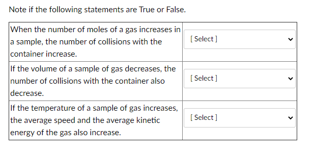 Note if the following statements are True or False.
When the number of moles of a gas increases in
a sample, the number of collisions with the
container increase.
If the volume of a sample of gas decreases, the
number of collisions with the container also
decrease.
[ Select ]
[ Select ]
If the temperature of a sample of gas increases,
the average speed and the average kinetic
[ Select ]
energy of the gas also increase.
>
>
