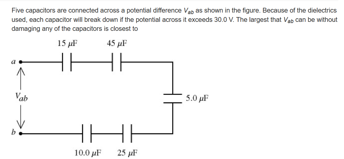 Five capacitors are connected across a potential difference Vab as shown in the figure. Because of the dielectrics
used, each capacitor will break down if the potential across it exceeds 30.0 V. The largest that Vab can be without
damaging any of the capacitors is closest to
15 µF
45 µF
a
Vab
5.0 µF
10.0 µF
25 µF
