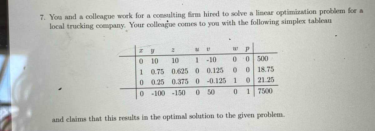 7. You and a colleague work for a consulting firm hired to solve a linear optimization problem for a
local trucking company. Your colleague comes to you with the following simplex tableau
0.
10
10
1
-10
0.
500
1
0.75 0.625
0.
0.125
18.75
0.
0.25 0.375 0
-0.125
1
21.25
0 -100 -150
0.
50
0.
1
7500
and claims that this results in the optimal solution to the given problem.
