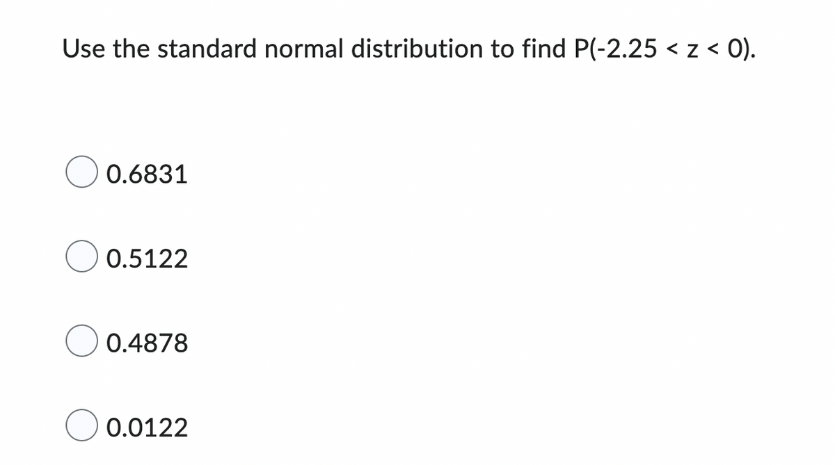 Use the standard normal distribution to find P(-2.25 < z < 0).
0.6831
0.5122
0.4878
0.0122