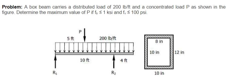 Problem: A box beam carries a distributed load of 200 lb/ft and a concentrated load P as shown in the
figure. Determine the maximum value of P if fo <1 ksi and f, S 100 psi.
5 ft
200 lb/ft
8 in
10 in
12 in
10 ft
4 ft
R
R2
10 in
