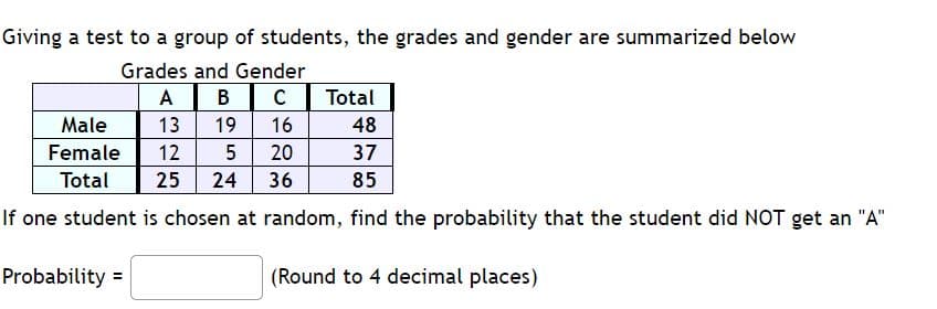 Giving a test to a group of students, the grades and gender are summarized below
Grades and Gender
A B
Total
Male
13
19
16
48
Female
12
20
37
Total
25
24
36
85
If one student is chosen at random, find the probability that the student did NOT get an "A"
Probability =
(Round to 4 decimal places)
%3D
