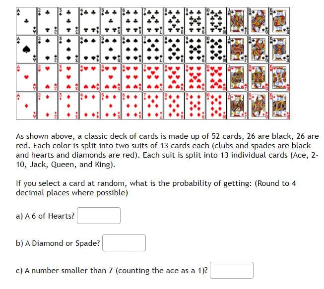 As shown above, a classic deck of cards is made up of 52 cards, 26 are black, 26 are
red. Each color is split into two suits of 13 cards each (clubs and spades are black
and hearts and diamonds are red). Each suit is split into 13 individual cards (Ace, 2-
10, Jack, Queen, and King).
If you select a card at random, what is the probability of getting: (Round to 4
decimal places where possible)
a) A 6 of Hearts?
b) A Diamond or Spade?
c) A number smaller than 7 (counting the ace as a 1)?
...
leas
