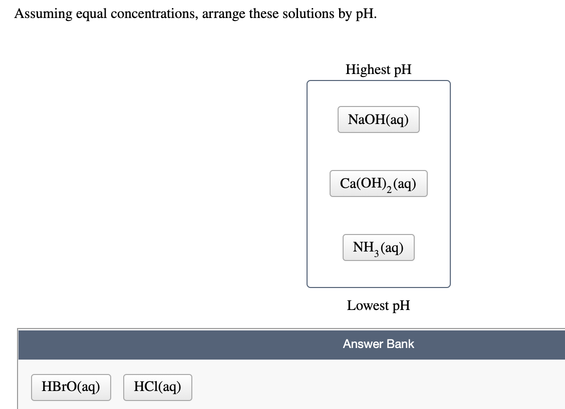 Assuming equal concentrations, arrange these solutions by pH.
Highest pH
NaOH(aq)
Ca(OH), (aq)
NH, (aq)
Lowest pH
Answer Bank
HBRO(aq)
HCI(aq)
