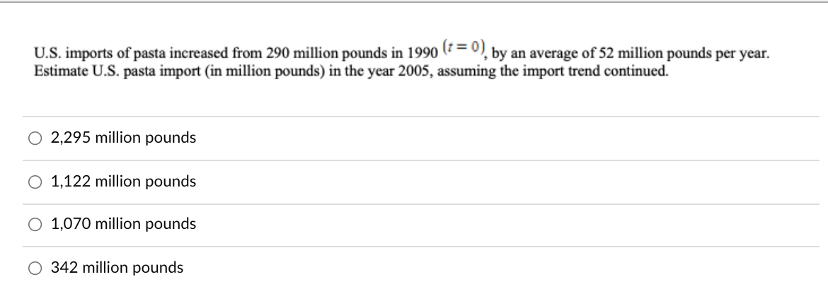 U.S. imports of pasta increased from 290 million pounds in 1990 7= 0, by an average of 52 million pounds per year.
Estimate U.S. pasta import (in million pounds) in the year 2005, assuming the import trend continued.
O 2,295 million pounds
1,122 million pounds
O 1,070 million pounds
O 342 million pounds
