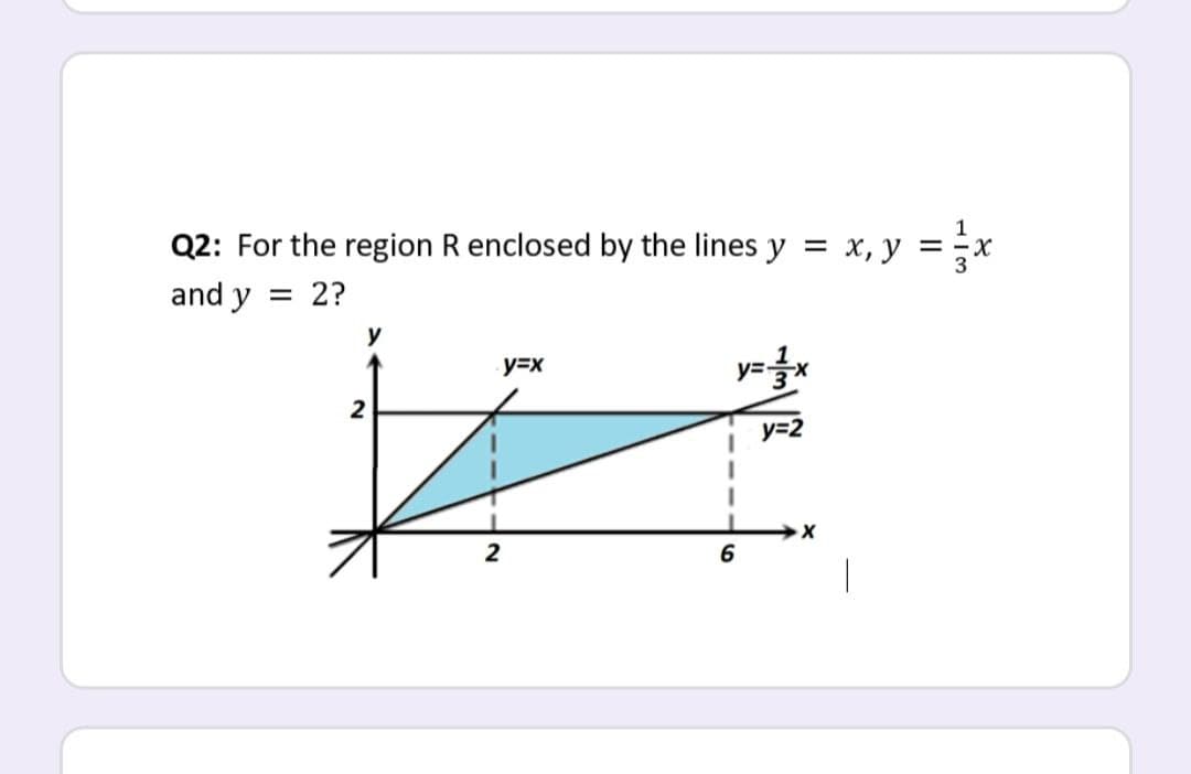 1
Q2: For the region R enclosed by the lines y = x, y
and y
= 2?
y
y=x
y=x
y=2
2
6

