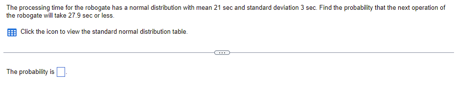 The processing time for the robogate has a normal distribution with mean 21 sec and standard deviation 3 sec. Find the probability that the next operation of
the robogate will take 27.9 sec or less.
Click the icon to view the standard normal distribution table.
The probability is