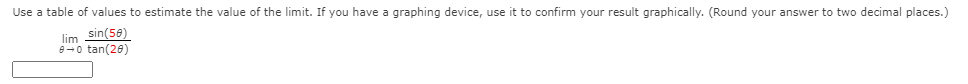 Use a table of values to estimate the value of the limit. If you have a graphing device, use it to confirm your result graphically. (Round your answer to two decimal places.)
lim sin(50)
e-0 tan(20)
