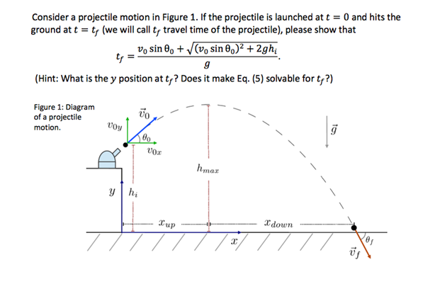 Consider a projectile motion in Figure 1. If the projectile is launched at t = 0 and hits the
ground at t = ty (we will call t; travel time of the projectile), please show that
vo sin 8, + V(vo sin 0,)² + 2gh;
ty
(Hint: What is the y position at t,? Does it make Eq. (5) solvable for t,?)
Figure 1: Diagram
of a projectile
vOY
motion.
vor
hmaz
y | hi
Xup
X down
///
