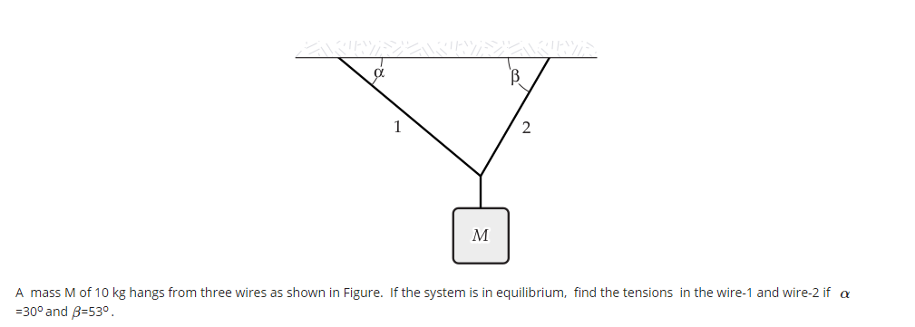 B.
1
A mass M of 10 kg hangs from three wires as shown in Figure. If the system is in equilibrium, find the tensions in the wire-1 and wire-2 if a
=30° and B=53°.
