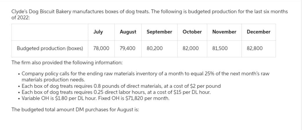Clyde's Dog Biscuit Bakery manufactures boxes of dog treats. The following is budgeted production for the last six months
of 2022:
July
August September October
November
December
Budgeted production (boxes) 78,000
79,400
80,200
82,000
81,500
82,800
The firm also provided the following information:
Company policy calls for the ending raw materials inventory of a month to equal 25% of the next month's raw
materials production needs.
• Each box of dog treats requires 0.8 pounds of direct materials, at a cost of $2 per pound
• Each box of dog treats requires 0.25 direct labor hours, at a cost of $15 per DL hour.
•Variable OH is $1.80 per DL hour. Fixed OH is $71,820 per month.
The budgeted total amount DM purchases for August is: