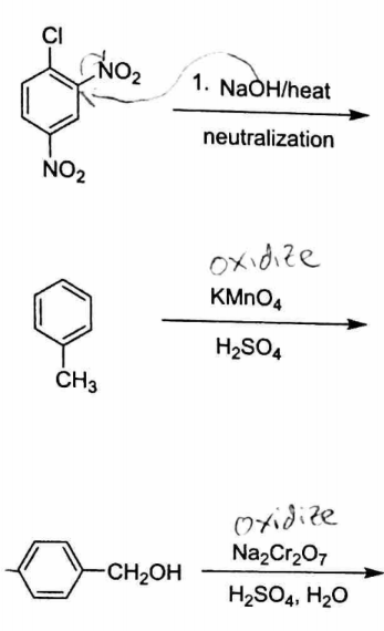 CI
1. NaOH/heat
neutralization
NO2
Oxidize
KMNO4
H2SO4
ČH3
Oridize
Na2Cr207
CH2OH
H2SO4, H20
