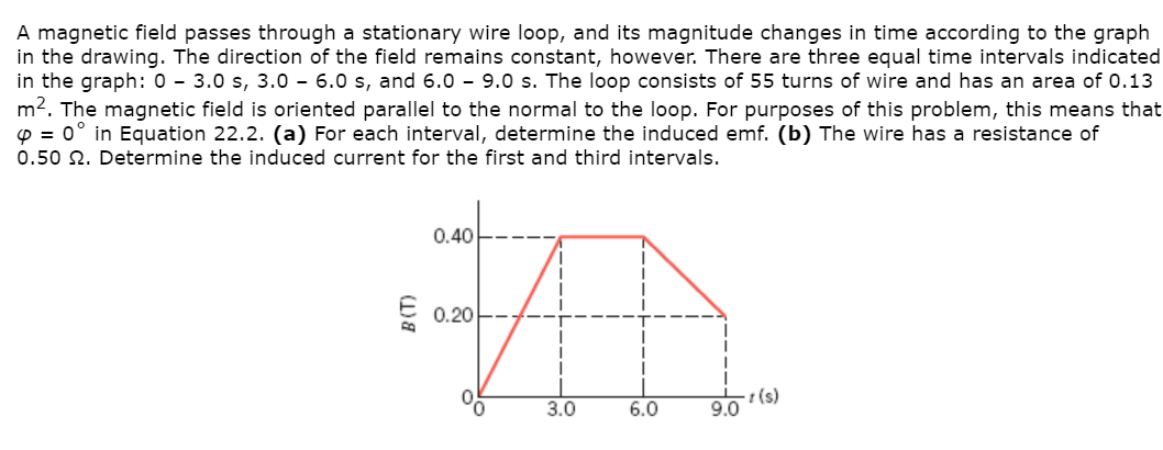 A magnetic field passes through a stationary wire loop, and its magnitude changes in time according to the graph
in the drawing. The direction of the field remains constant, however. There are three equal time intervals indicated
in the graph: 0 - 3.0 s, 3.0 – 6.0 s, and 6.0 – 9.0 s. The loop consists of 55 turns of wire and has an area of 0.13
m2. The magnetic field is oriented parallel to the normal to the loop. For purposes of this problem, this means that
O = 0° in Equation 22.2. (a) For each interval, determine the induced emf. (b) The wire has a resistance of
0.50 N. Determine the induced current for the first and third intervals.
