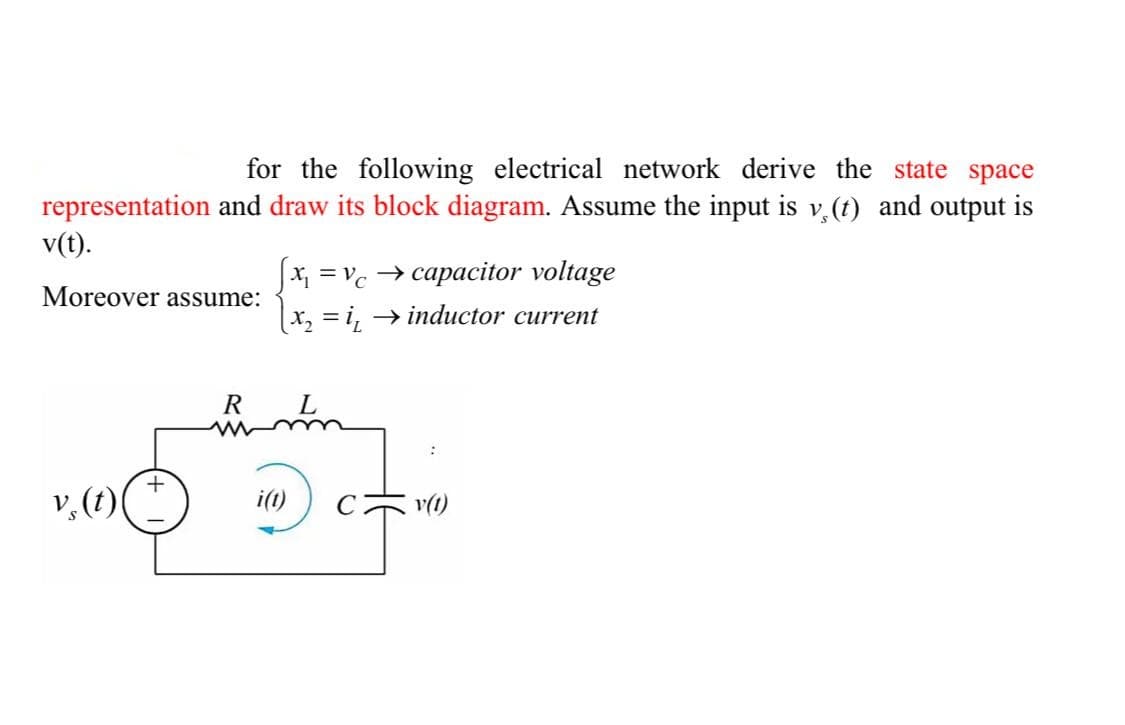 for the following electrical network derive the state space
representation and draw its block diagram. Assume the input is v, (t) and output is
v(t).
x, = vc → capacitor voltage
Moreover assume:
x, = i, → inductor current
R
v,(1)
i(t)
v(1)
