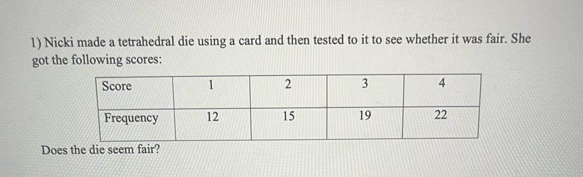 1) Nicki made a tetrahedral die using a card and then tested to it to see whether it was fair. She
got the following scores:
Score
Frequency
Does the die seem fair?
1
12
2
15
3
19
4
22