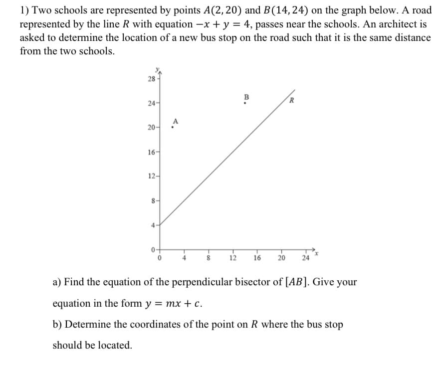 1) Two schools are represented by points A(2, 20) and B(14, 24) on the graph below. A road
represented by the line R with equation -x + y = 4, passes near the schools. An architect is
asked to determine the location of a new bus stop on the road such that it is the same distance
from the two schools.
28
24-
20-
16-
12-
∞
B
R
12 16 20 24
a) Find the equation of the perpendicular bisector of [AB]. Give your
equation in the form y = mx + c.
b) Determine the coordinates of the point on R where the bus stop
should be located.
