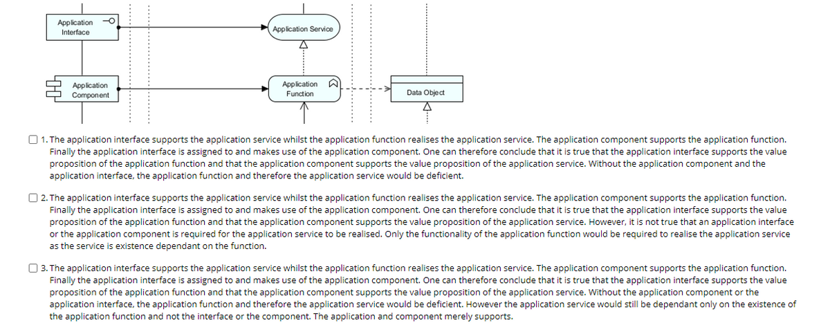 Application
Interface
Application Service
Application
Application
Component
Function
Data Object
O 1. The application interface supports the application service whilst the application function realises the application service. The application component supports the application function.
Finally the application interface is assigned to and makes use of the application component. One can therefore conclude that it is true that the application interface supports the value
proposition of the application function and that the application component supports the value proposition of the application service. Without the application component and the
application interface, the application function and therefore the application service would be deficient.
O 2. The application interface supports the application service whilst the application function realises the application service. The application component supports the application function.
Finally the application interface is assigned to and makes use of the application component. One can therefore conclude that it is true that the application interface supports the value
proposition of the application function and that the application component supports the value proposition of the application service. However, it is not true that an application interface
or the application component is required for the application service to be realised. Only the functionality of the application function would be required to realise the application service
as the service is existence dependant on the function.
O 3. The application interface supports the application service whilst the application function realises the application service. The application component supports the application function.
Finally the application interface is assigned to and makes use of the application component. One can therefore conclude that it is true that the application interface supports the value
proposition of the application function and that the application component supports the value proposition of the application service. Without the application component or the
application interface, the application function and therefore the application service would be deficient. However the application service would still be dependant only on the existence of
the application function and not the interface or the component. The application and component merely supports.
