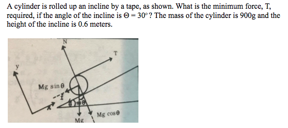 A cylinder is rolled up an incline by a tape, as shown. What is the minimum force, T,
required, if the angle of the incline is O = 30° ? The mass of the cylinder is 900g and the
height of the incline is 0.6 meters.
Mg sine
Mg cose
Mg
