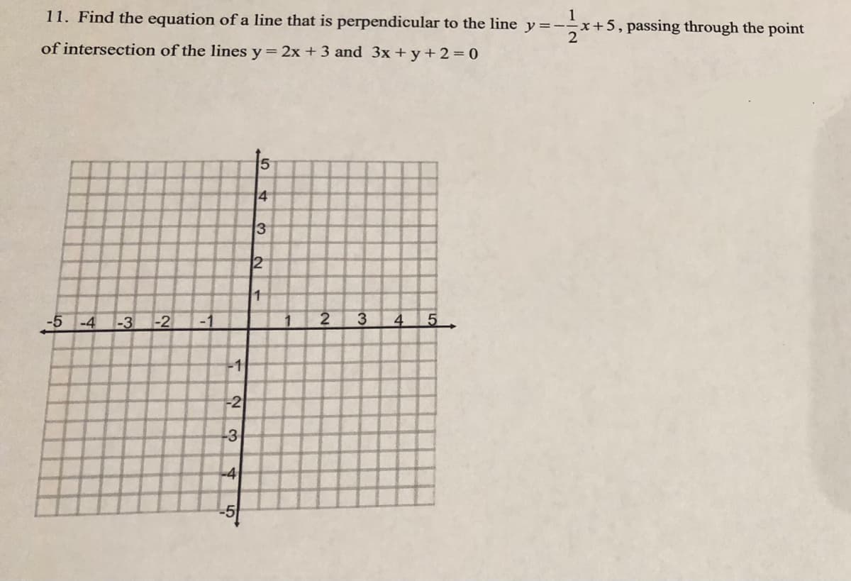 11. Find the equation of a line that is perpendicular to the line y=--x+5,passing through the point
1
of intersection of the lines y= 2x +3 and 3x +y+ 2= 0
4
3
12
-5 -4
-3
-2
-1
3.
4
5
-1
-2
-3
-4
-5
