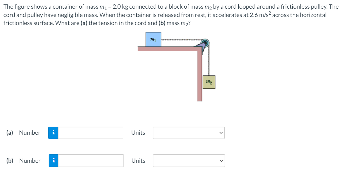 The figure shows a container of mass m1 = 2.0 kg connected to a block of mass m2 by a cord looped around a frictionless pulley. The
cord and pulley have negligible mass. When the container is released from rest, it accelerates at 2.6 m/s? across the horizontal
frictionless surface. What are (a) the tension in the cord and (b) mass m2?
(a) Number
i
Units
(b) Number
i
Units
