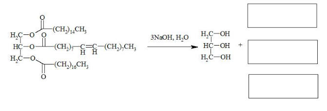 H₂C-O O
IⅡ
-0
H₂C-O.
-(CH₂) 14CH3
(CH₂) C-C-(CH₂),CH,
H H
-(CH₂) 16CH3
3NaOH, H₂O
H,C-OH
HC-OH
H₂C-OH
+