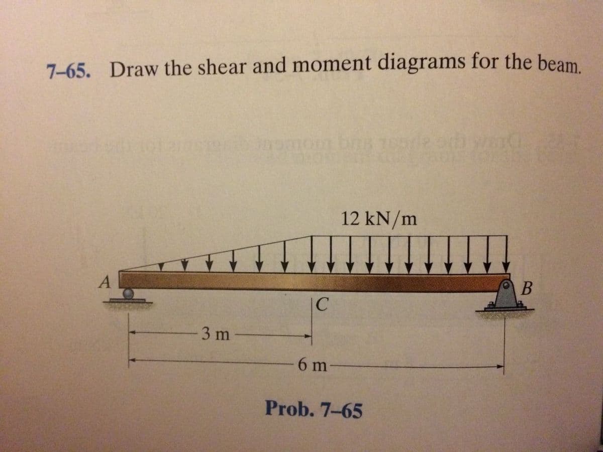 7-65. Draw the shear and moment diagrams for the beam
12 kN/m
В
A
IC
3 m
6 m
Prob. 7-65
