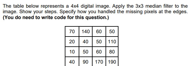The table below represents a 4x4 digital image. Apply the 3x3 median filter to the
image. Show your steps. Specify how you handled the missing pixels at the edges.
(You do need to write code for this question.)
70 140 60
20
40
50 | 110
10
50
60
80
40
90
170 190
