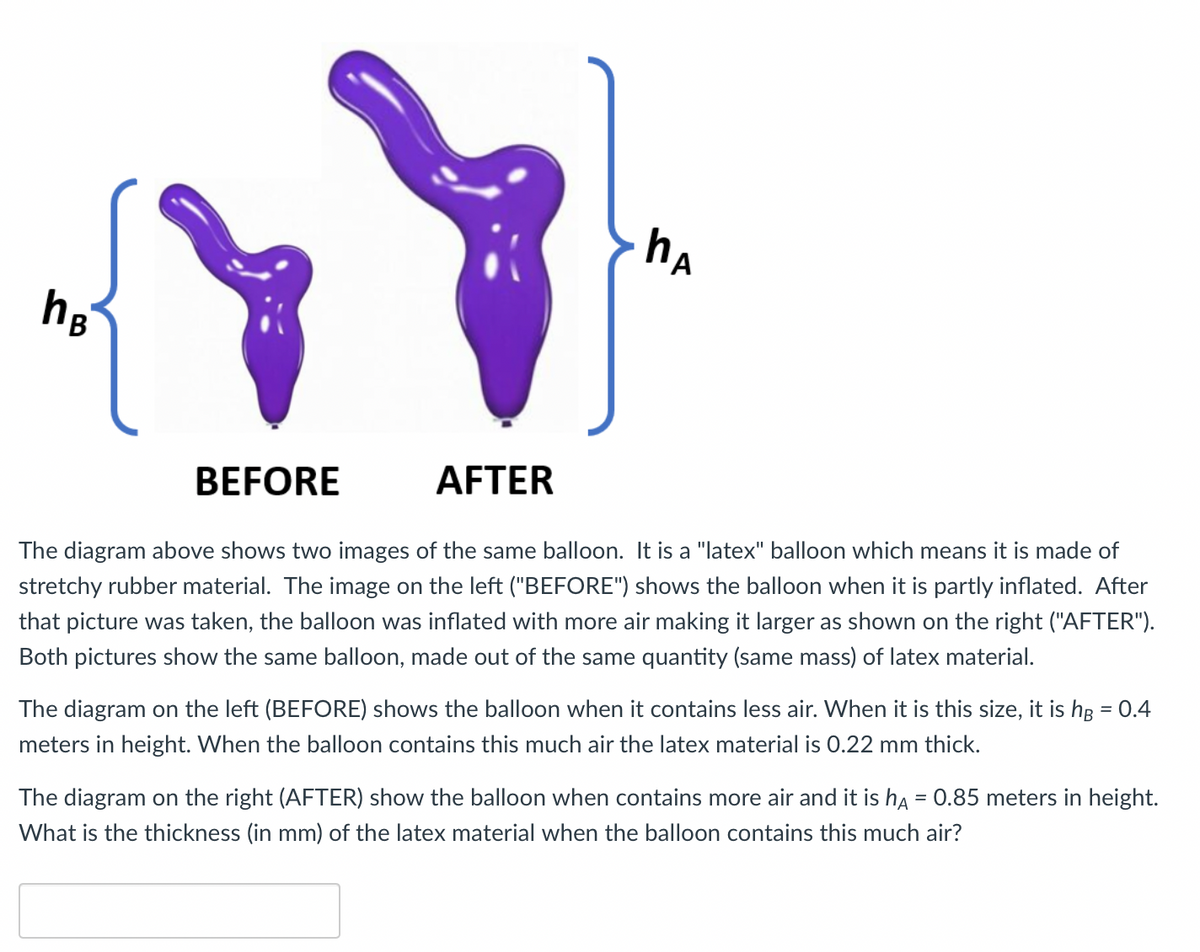 hA
BEFORE
AFTER
The diagram above shows two images of the same balloon. It is a "latex" balloon which means it is made of
stretchy rubber material. The image on the left ("BEFORE") shows the balloon when it is partly inflated. After
that picture was taken, the balloon was inflated with more air making it larger as shown on the right ("AFTER").
Both pictures show the same balloon, made out of the same quantity (same mass) of latex material.
The diagram on the left (BEFORE) shows the balloon when it contains less air. When it is this size, it is hg = 0.4
meters in height. When the balloon contains this much air the latex material is 0.22 mm thick.
The diagram on the right (AFTER) show the balloon when contains more air and it is ha = 0.85 meters in height.
What is the thickness (in mm) of the latex material when the balloon contains this much air?
