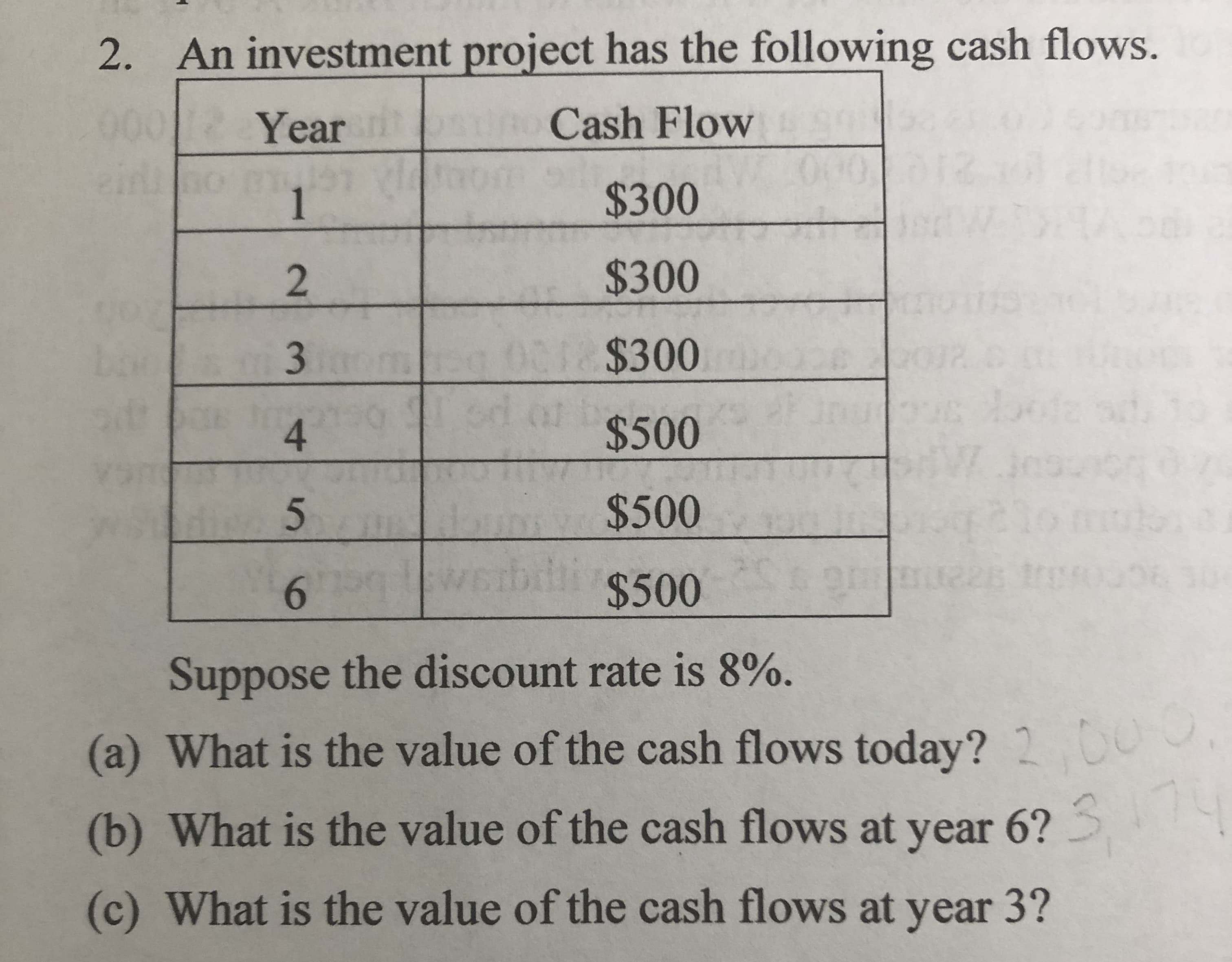 An investment project has the following cash flows.
2.
001 :
Cash Flow
Year
060
$300
1
$300
2
01 $300
3
4F
$500
4
$500
21
bdl $500
6
Suppose the discount rate is 8%.
(a) What is the value of the cash flows today? 2
00
14
(b) What is the value of the cash flows at year 6?
(c) What is the value of the cash flows at year 3?
3E
