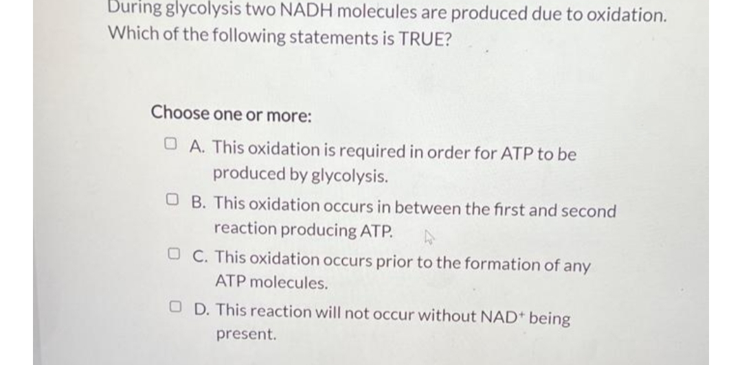 During glycolysis two NADH molecules are produced due to oxidation.
Which of the following statements is TRUE?
Choose one or more:
O A. This oxidation is required in order for ATP to be
produced by glycolysis.
O B. This oxidation occurs in between the first and second
reaction producing ATP.
O C. This oxidation occurs prior to the formation of any
ATP molecules.
O D. This reaction will not occur without NAD being
present.
