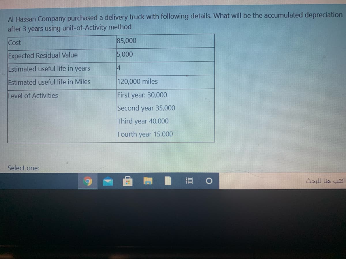 Al Hassan Company purchased a delivery truck with following details. What will be the accumulated depreciation
after 3 years using unit-of-Activity method
Cost
85,000
Expected Residual Value
5,000
Estimated useful life in years
4
Estimated useful life in Miles
120,000 miles
Level of Activities
First year: 30,000
Second year 35,000
Third year 40,000
Fourth year 15,000
Select one:
立 0
اكتب هنا ل لبحث
