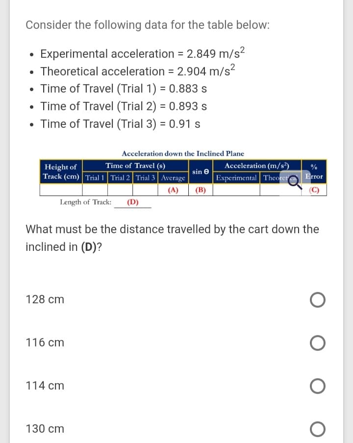 Consider the following data for the table below:
Experimental acceleration = 2.849 m/s?
• Theoretical acceleration = 2.904 m/s?
• Time of Travel (Trial 1) = 0.883 s
Time of Travel (Trial 2) = 0.893 s
• Time of Travel (Trial 3) = 0.91 s
Acceleration down the Inclined Plane
Height of
Acceleration (m/s²)
Experimental Theoret
Time of Travel (s)
sin e
Track (cm) Trial 1 Trial 2 | Trial 3 | Average
Error
(A)
(B)
(C)
Length of Track:
(D)
What must be the distance travelled by the cart down the
inclined in (D)?
128 cm
116 cm
114 cm
130 cm
