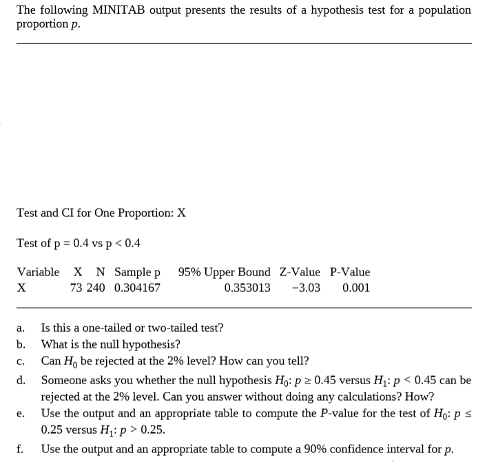 The following MINITAB output presents the results of a hypothesis test for a population
proportion p.
Test and CI for One Proportion: X
Test of p = 0.4 vs p < 0.4
Variable X N Sample p
95% Upper Bound Z-Value P-Value
х
73 240 0.304167
0.353013
-3.03
0.001
Is this a one-tailed or two-tailed test?
What is the null hypothesis?
Can H, be rejected at the 2% level? How can you tell?
a.
b.
C.
d.
Someone asks you whether the null hypothesis Hg: p 2 0.45 versus H1: p < 0.45 can be
rejected at the 2% level. Can you answer without doing any calculations? How?
Use the output and an appropriate table to compute the P-value for the test of Ho: p s
0.25 versus H1: p > 0.25.
Use the output and an appropriate table to compute a 90% confidence interval for p.
e.
f.
