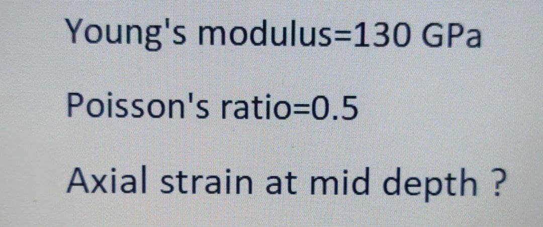 Young's modulus=D130 GPa
Poisson's ratio3D0.5
Axial strain at mid depth ?
