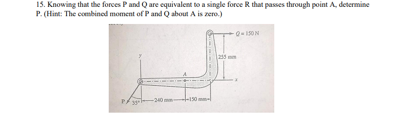 15. Knowing that the forces P and Q are equivalent to a single force R that passes through point A, determine
P. (Hint: The combined moment of P and Q about A is zero.)
-Q = 150 N
255 mm
150 mm-
P 35°-
240 mm
