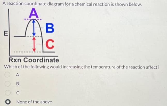 A reaction coordinate diagram for a chemical reaction is shown below.
A
(1) в
I
C
E
Rxn
Coordinate
Which of the following would increasing the temperature of the reaction affect?
A
B
C
O None of the above