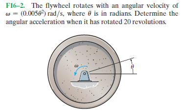F16-2. The flywheel rotates with an angular velocity of
w = (0.0050) rad/s, where e is in radians. Determine the
angular acceleration when it has rotated 20 revolutions.
