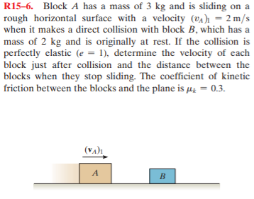 R15-6. Block A has a mass of 3 kg and is sliding on a
rough horizontal surface with a velocity (vA)ı = 2 m/s
when it makes a direct collision with block B, which has a
mass of 2 kg and is originally at rest. If the collision is
perfectly elastic (e = 1), determine the velocity of each
block just after collision and the distance between the
blocks when they stop sliding. The coefficient of kinetic
friction between the blocks and the plane is µi = 0.3.
(VA)I
B.
