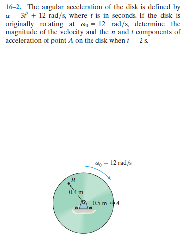 16-2. The angular acceleration of the disk is defined by
3f + 12 rad/s, where t is in seconds. If the disk is
originally rotating at wn = 12 rad/s, determine the
magnitude of the velocity and the n and t components of
acceleration of point A on the disk when t = 2 s.
wn = 12 rad/s
0.4 m
-0.5 m-A
