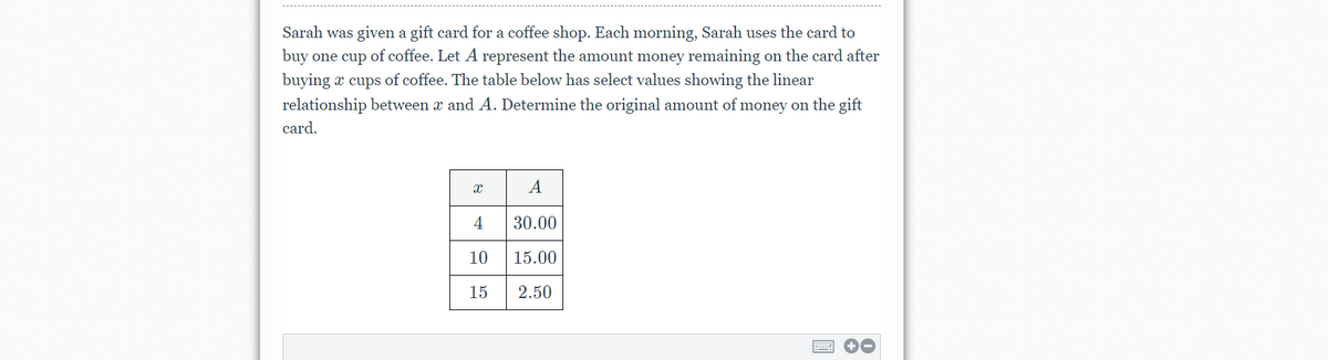 Sarah was given a gift card for a coffee shop. Each morning, Sarah uses the card to
buy one cup of coffee. Let A represent the amount money remaining on the card after
buying a cups of coffee. The table below has select values showing the linear
relationship between x and A. Determine the original amount of money on the gift
card.
X
4
10
15
A
30.00
15.00
2.50
www