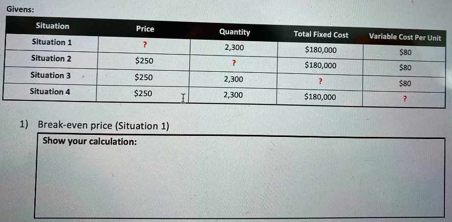 Givens:
Situation
Price
Quantity
Total Fixed Cost
Variable Cost Per Unit
Situation 1
2,300
$180,000
$80
Situation 2
$250
$180,000
$80
Situation 3
$250
2,300
?
$80
Situation 4
$250
2,300
$180,000
?
1) Break-even price (Situation 1)
Show your calculation:
