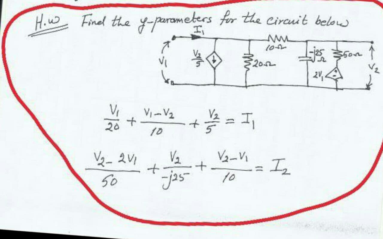 H.u Finel the y-parometers for the Circuit below
-125 5on
202
21, A
VI -V2
20 +
10
V2-Vi
V2
t
jas
Is
%3D
50
10

