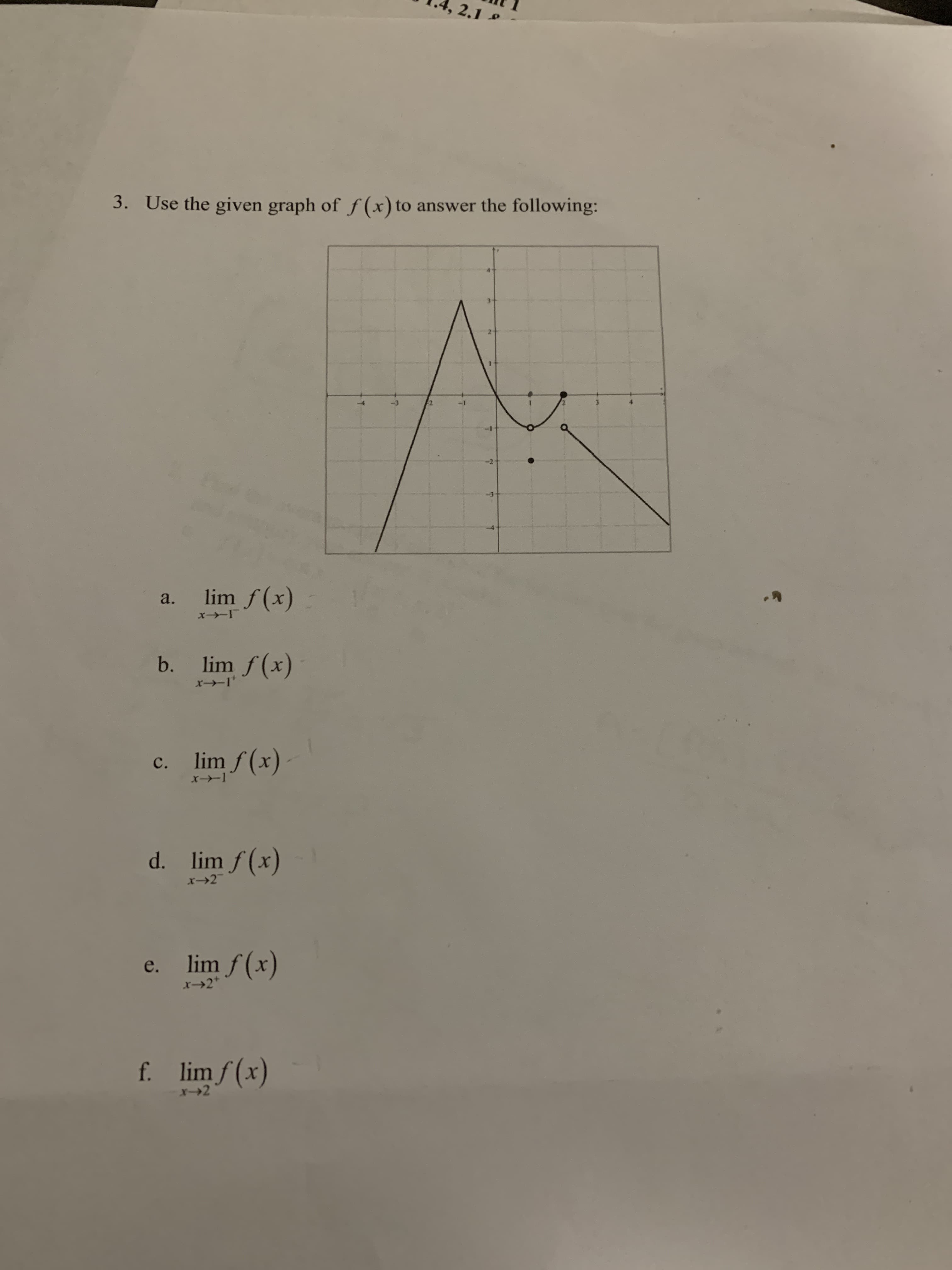 2.1
Use the given graph of f (x) to answer the following:
3.
3
$2
lim f(x)
a.
b. lim f (x)
x-1
lim f (x)
с.
X-1
d. lim f(x)
x-2
lim f (x)
e.
f. limf (x)
X--2
