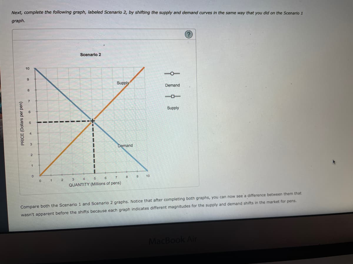 Next, complete the following graph, labeled Scenario 2, by shifting the supply and demand curves in the same way that you did on the Scenario 1
graph.
Scenario 2
10
Supply
Demand
8
7
6.
Supply
Demand
1
2
3
4.
6
7
10
QUANTITY (Millions of pens)
Compare both the Scenario 1 and Scenario 2 graphs. Notice that after completing both graphs, you can now see a difference between them that
wasn't apparent before the shifts because each graph indicates different magnitudes for the supply and demand shifts in the market for pens.
MacBook Air
PRICE (Dollars per pen)
