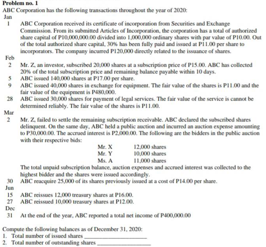 Problem no. 1
ABC Corporation has the following transactions throughout the year of 2020:
Jan
ABC Corporation received its certificate of incorporation from Securities and Exchange
Commission. From its submitted Articles of Incorporation, the corporation has a total of authorized
share capital of PI0,000,000.00 divided into 1,000,000 ordinary shares with par value of P10.00. Out
of the total authorized share capital, 30% has been fully paid and issued at P11.00 per share to
incorporators. The company incurred P120,000 directly related to the issuance of shares.
Feb
2 Mr. Z, an investor, subscribed 20,000 shares at a subscription price of P15.00. ABC has collected
20% of the total subscription price and remaining balance payable within 10 days.
5
ABC issued 140,000 shares at P17.00 per share.
ABC issued 40,000 shares in exchange for equipment. The fair value of the shares is P11.00 and the
fair value of the equipment is P480,000.
28 ABC issued 30,000 shares for payment of legal services. The fair value of the service is cannot be
determined reliably. The fair value of the shares is P11.00.
Mar
9.
2
Mr. Z, failed to settle the remaining subscription receivable. ABC declared the subscribed shares
delinquent. On the same day, ABC held a public auction and incurred an auction expense amounting
to P30,000.00. The accrued interest is P2,000.00. The following are the bidders in the public auction
with their respective bids:
12,000 shares
10,000 shares
11,000 shares
Mr. X
Mг. Y
Ms. A
The total unpaid subscription balance, auction expenses and accrued interest was collected to the
highest bidder and the shares were issued accordingly.
30 ABC reacquire 25,000 of its shares previously issued at a cost of P14.00 per share.
Jun
15
ABC reissues 12,000 treasury shares at P16.00.
27
ABC reissued 10,000 treasury shares at P12.00.
Dec
31
At the end of the year, ABC reported a total net income of P400,000.00
Compute the following balances as of December 31, 2020:
1. Total number of issued shares
2. Total number of outstanding shares
