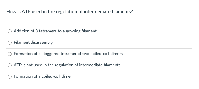 How is ATP used in the regulation of intermediate filaments?
Addition of 8 tetramers to a growing filament
Filament disassembly
Formation of a staggered tetramer of two coiled-coil dimers
ATP is not used in the regulation of intermediate filaments
Formation of a coiled-coil dimer
