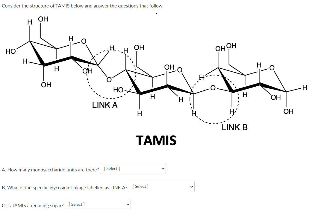Consider the structure of TAMIS below and answer the questions that follow.
ОН
НО
н
H
ОН
н
Н
ан
Н.
HO
C. Is TAMIS a reducing sugar? [Select]
LINK A
A. How many monosaccharide units are there? [Select]
H
ОН
Н
B. What is the specific glycosidic linkage labelled as LINK A? [Select]
н
TAMIS
н:
он он
Н
LINK B
OH
ОН
-Н