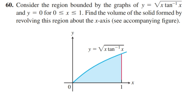 60. Consider the region bounded by the graphs of y = Vx tan
and y = 0 for 0 < x < 1. Find the volume of the solid formed by
revolving this region about the x-axis (see accompanying figure).
y
y = Vx tan-x
х
